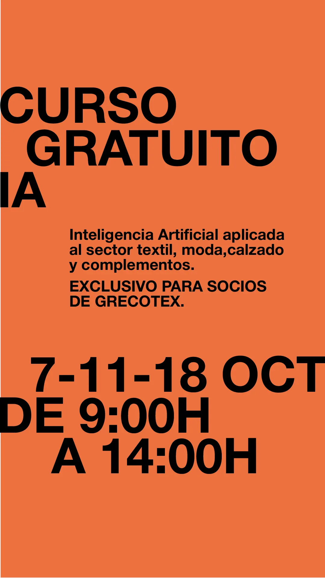 Cartel del curso gratuito de Inteligencia Artificial para el sector textil organizado por Grecotex, los días 7, 11 y 18 de octubre