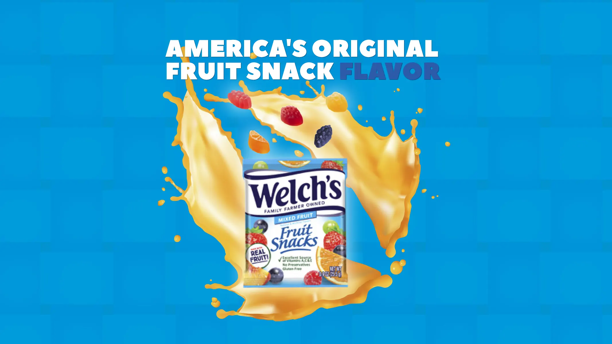 Creatividad publicitaria de Welch's Fruit Snacks con concepto Flavor, splash de zumo dorado y gominolas de frutas